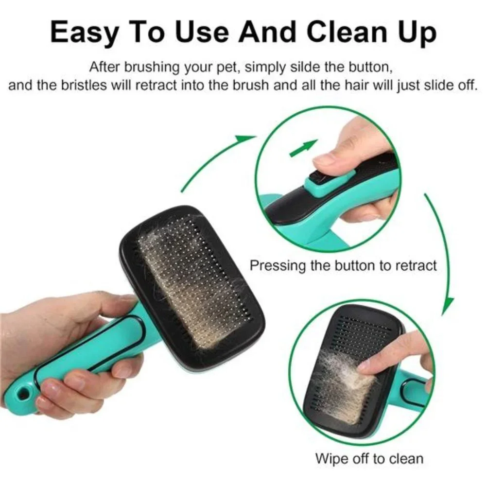 Self cleaning Slicker Brush, Shedding and Grooming tool for Pets, Aqua Green